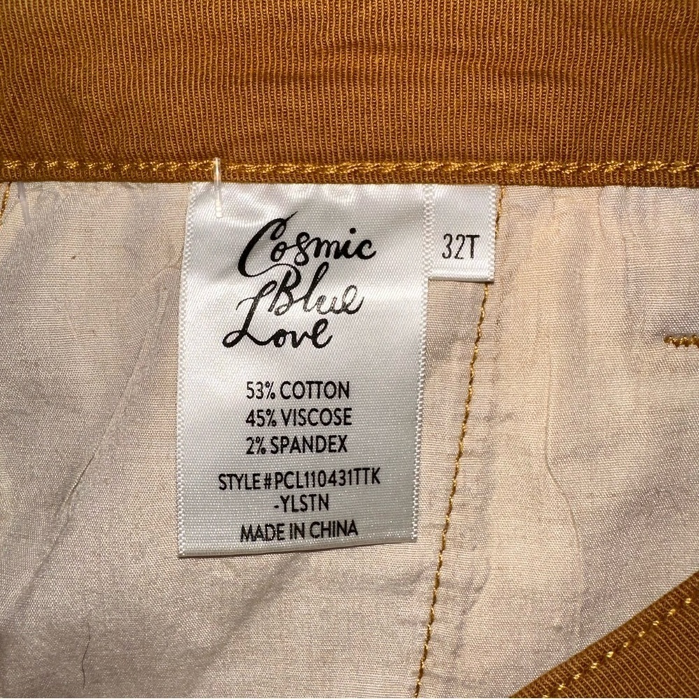 COSMIC BLUE LOVE Eco Edit Women’s size 32 Tall maize gold jeans NWT - Picture 3 of 9